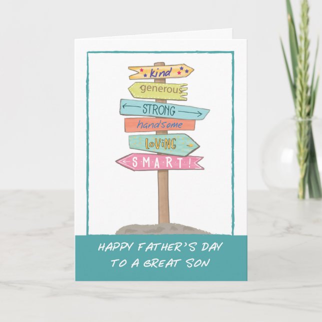 Son Fathers Day Fun Sign Good Qualities Amazing Card (Front)