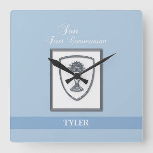 Son, First Communion Silver Chalice Square Wall Clock
