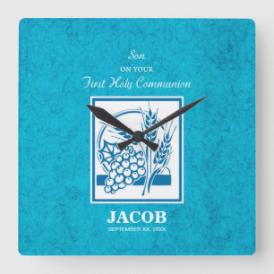Son, First Communion, Wheat, Grapes Blue Square Wall Clock