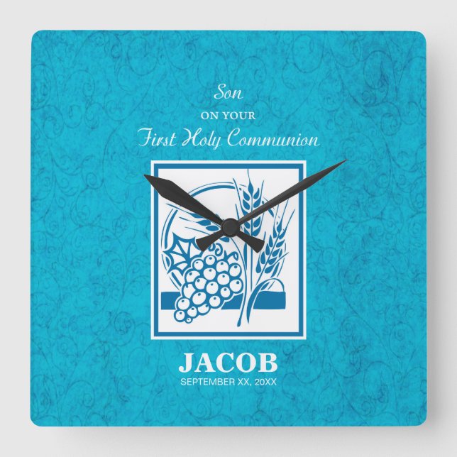 Son, First Communion, Wheat, Grapes Blue Square Wall Clock (Front)