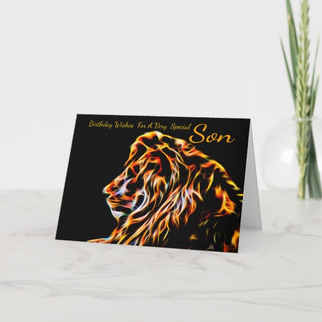 Son Fractal Birthday Lion, Neon Line Art Fractal Card (Front)