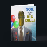 Son Funny Birthday Kind of a Big Dill Pickle Card<br><div class="desc">Son,  You're kind of a Big Dill! Funny birthday,  paper greeting card with a photo of a dill pickle wearing a suit and tie,  and sunglasses. Food themed pun greeting card. Customize the cover and interior birthday message as desired. Art,  image,  and verse copyright © Shoaff Ballanger Studios,  2025.</div>