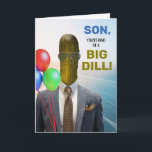 Son Funny Birthday Kind of a Big Dill Pickle Card<br><div class="desc">Son,  You're kind of a Big Dill! Funny birthday,  paper greeting card with a photo of a dill pickle wearing a suit and tie,  and sunglasses. Food themed pun greeting card. Customize the cover and interior birthday message as desired. Art,  image,  and verse copyright © Shoaff Ballanger Studios,  2025.</div>