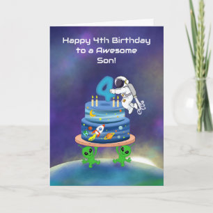 Son Happy 4th Birthday Astronaut with Cake Card
