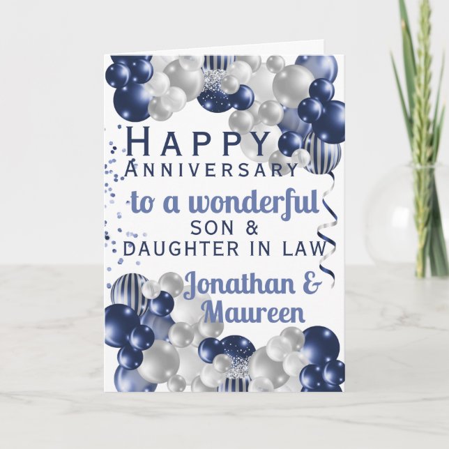 Son Happy Anniversary Blue Balloon Card (Front)