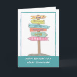 Son in Law Birthday Fun Sign Good Qualities  Card<br><div class="desc">Celebrate your amazing Son-in-Law's birthday with this heartfelt card that captures his outstanding qualities and more. The hand-drawn illustration showcases a signpost with various directions, each sign bearing words like "kind, " "generous, " "strong, " "handsome, " "loving, " and "smart." This thoughtful card is a sincere tribute, reminding your...</div>