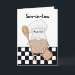 Son in Law Birthday Whimsical Gnome Chef Cooking Card<br><div class="desc">Introducing our delightful birthday card designed to honour the culinary maestro in your life! This charming card features a whimsical gnome donning a chef's hat, complete with a bushy beard, standing on a classic black and white kitchen floor. With a wooden spoon in one hand and a pot holder in...</div>