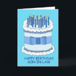 Son in law Happy Birthday Card<br><div class="desc">A giant blue cake, iced and with a bow around it. The cake is covered in lit candles. The words 'Happy Birthday Son in law' accompany the image.</div>