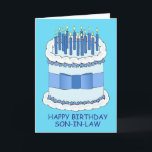 Son in law Happy Birthday Card<br><div class="desc">A giant blue cake,  iced and with a bow around it. The cake is covered in lit candles. The words 'Happy Birthday Son in law' accompany the image.</div>