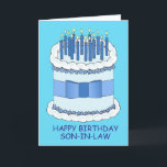 Son in law Happy Birthday Card<br><div class="desc">A giant blue cake,  iced and with a bow around it. The cake is covered in lit candles. The words 'Happy Birthday Son in law' accompany the image.</div>