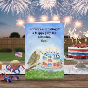 Son July 4th Birthday Bald Eagle & Patriotic Cake Card