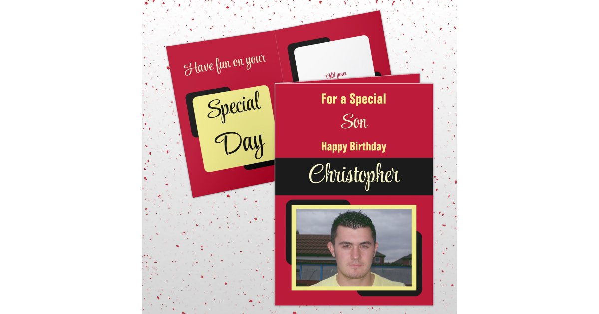Son name photo red yellow birthday card | Zazzle