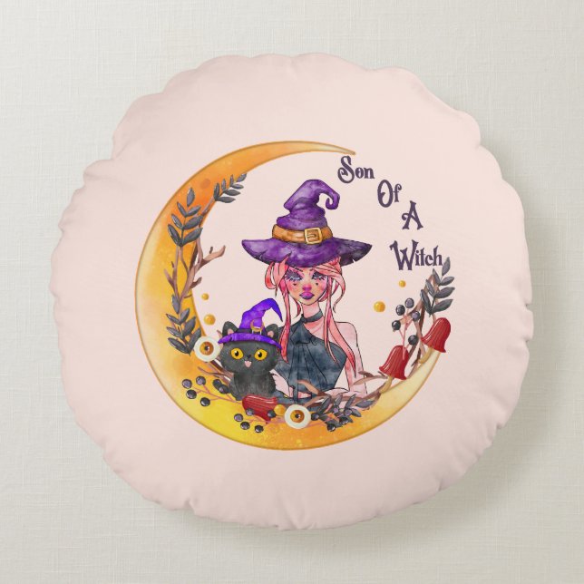 Son of a Witch – Crescent Moon Design Round Pillow (Front)