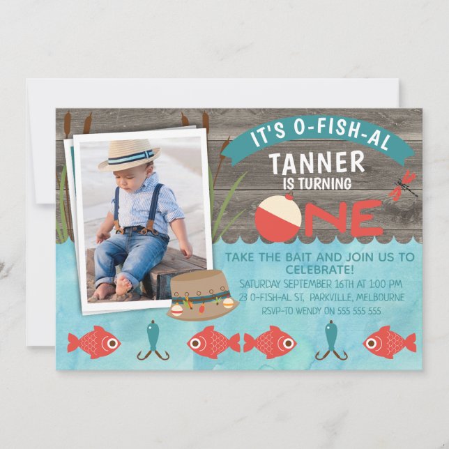 Son Ofish-al ou pêche 1er anniversaire Invitation (Devant)