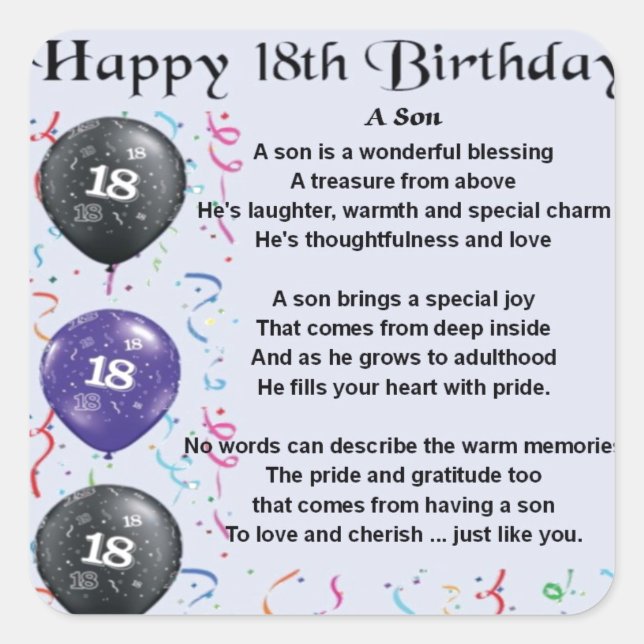 Son Poem 18th Birthday Square Sticker (Front)
