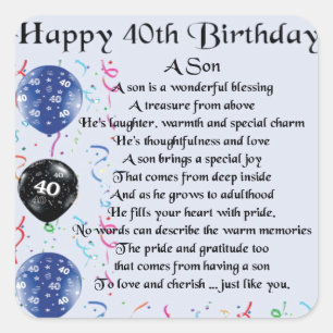 Son Poem  - 40th Birthday Design Square Sticker