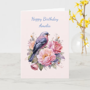 Song Bird Sitting atop Pink Peonies Birthday Card