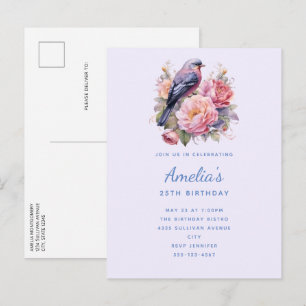Song Bird Sitting atop Pink Peonies Birthday Invitation Postcard