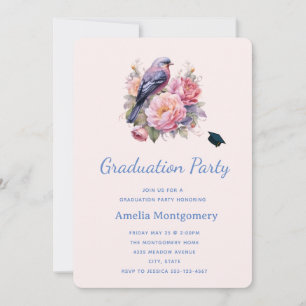 Song Bird Sitting atop Pink Peonies Graduation Invitation