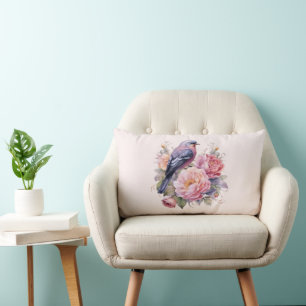 Song Bird Sitting atop Pink Peonies Lumbar Pillow