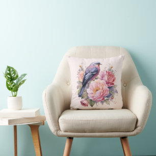 Song Bird Sitting atop Pink Peonies Throw Pillow