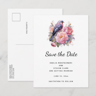Song Bird Sitting atop Pink Peonies Wedding Announcement Postcard