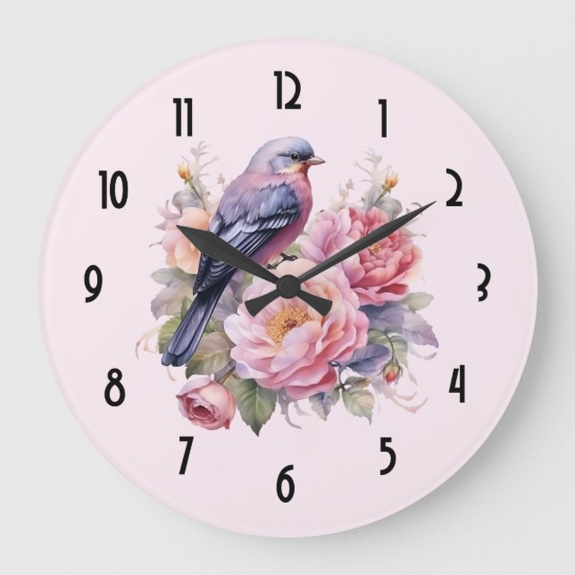 Song Bird Standing atop Pink Peonies Large Clock (Front)