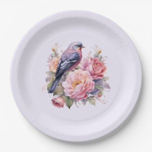 Song Bird Standing atop Pink Peonies Paper Plate