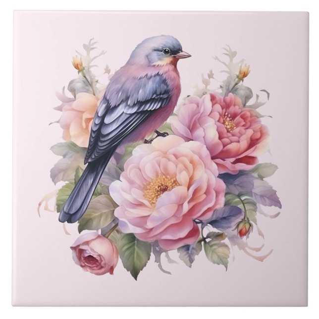 Song Bird Standing atop Pink Peonies Tile (Front)