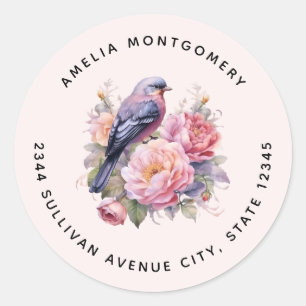 Song Bird Standing on Pink Peonies - Address Classic Round Sticker