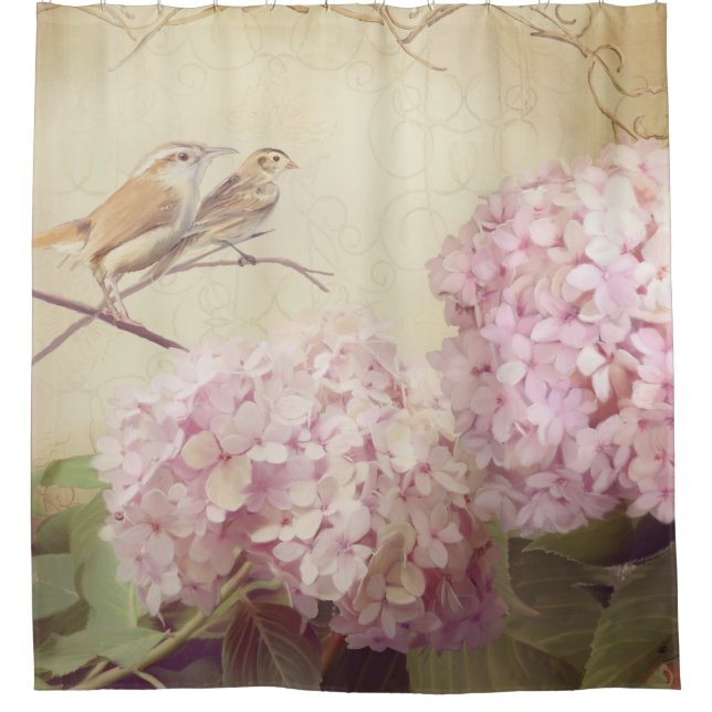Song Birds Branch Pink  Hydrangea Flowers Vintage (Front)