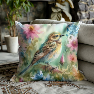 Songbird Melody Graceful Bird & Floral Elegance Throw Pillow