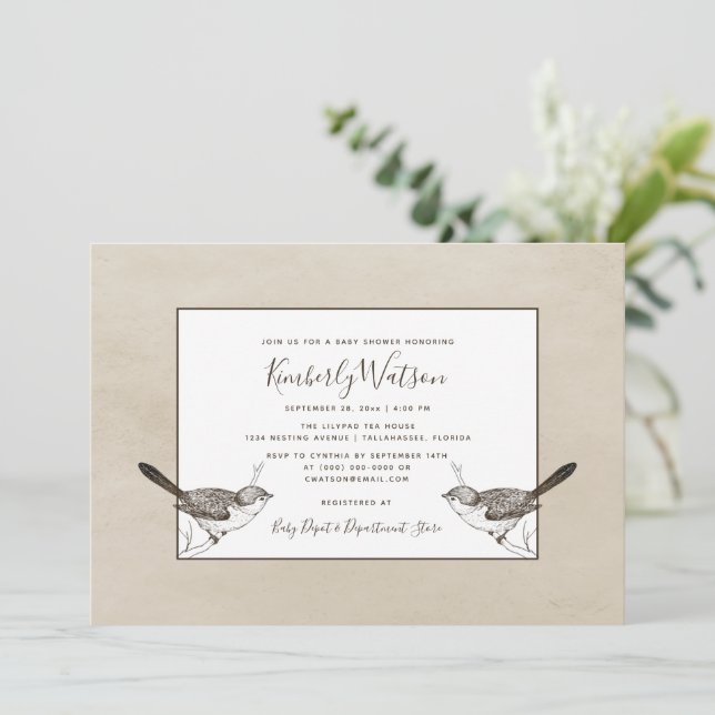 Songbird Pair Baby Shower | Beige Invitation (Standing Front)