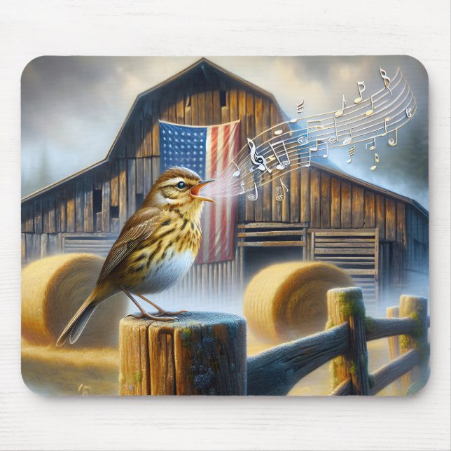 Songbird Singing With American Flag Mouse Pad (Front)