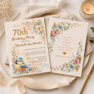 Songbird Spring Watercolor Floral 70th Birthday Invitation