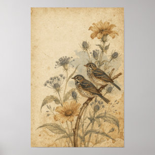 Songbirds Among Golden Flowers Wall Art