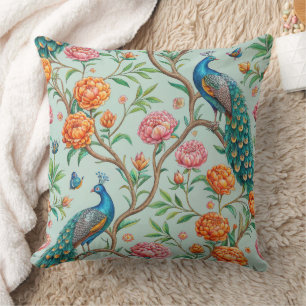 Songbirds Blooms Leaves Botanical Mint Background Throw Pillow