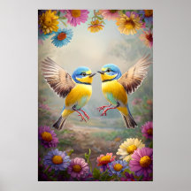 Songbirds colorés en fleur - Poster floral du prin