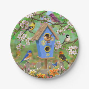 Songbirds Lily Garden Birdhouse Paper Plate