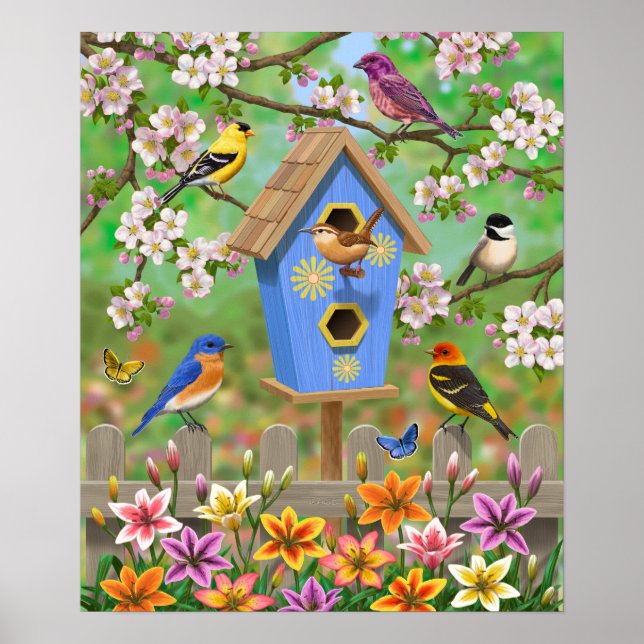 Songbirds Lily Garden Birdhouse Poster (Front)