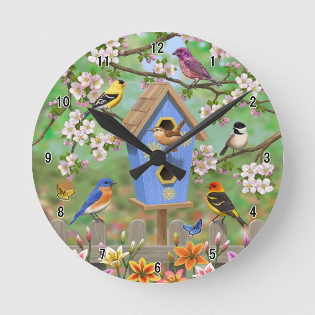 Songbirds Lily Garden Birdhouse Round Clock (Front)
