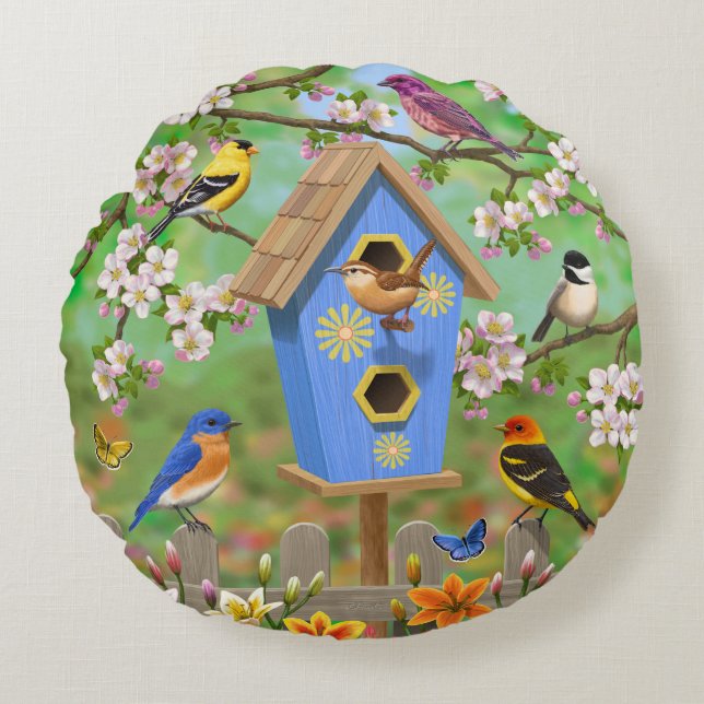 Songbirds Lily Garden Birdhouse Round Pillow (Front)