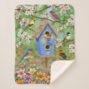 Songbirds Lily Garden Birdhouse Sherpa Blanket