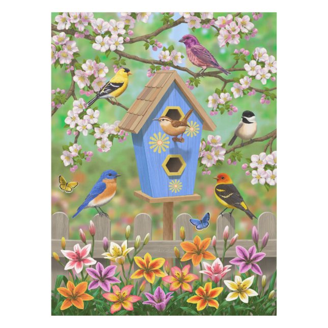 Songbirds Lily Garden Birdhouse Tablecloth (Front)