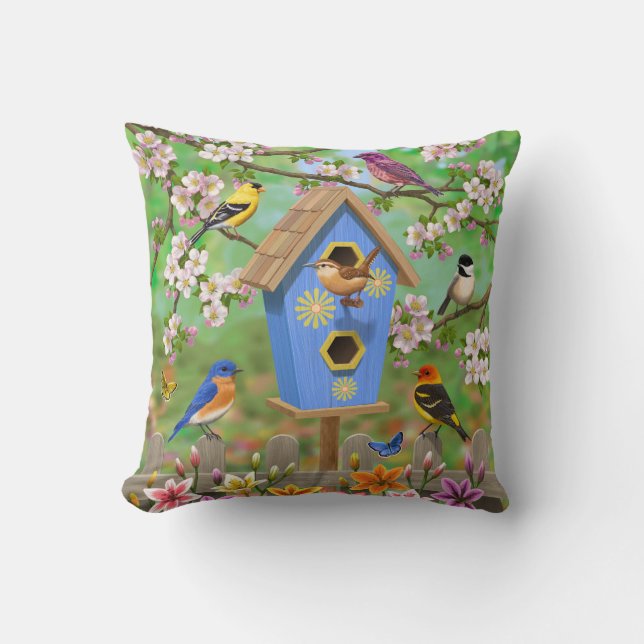 Songbirds Lily Garden Birdhouse Throw Pillow (Front)