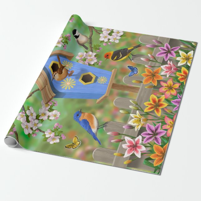 Songbirds Lily Garden Birdhouse Wrapping Paper (Unrolled)