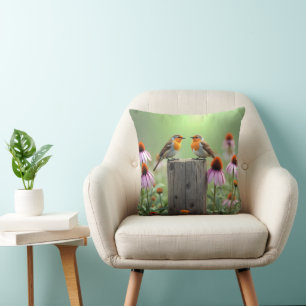 Songbirds On a Fence Post With Coneflowers Throw Pillow