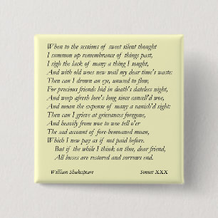 Sonnet # 30 by William Shakespeare 2 Inch Square Button
