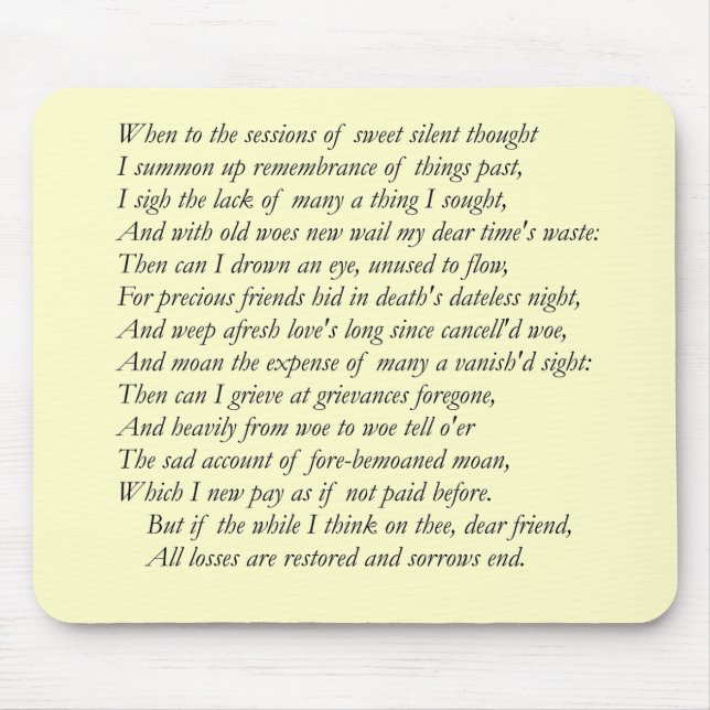 Sonnet # 30 by William Shakespeare Mouse Pad (Front)