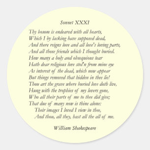 Sonnet # 31 by William Shakespeare Classic Round Sticker